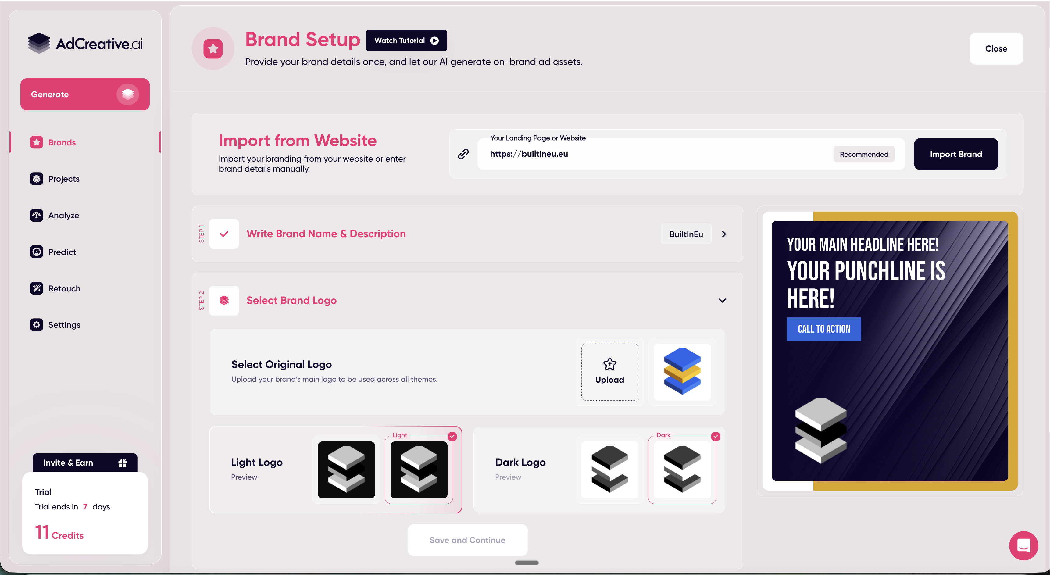 AdCreative.ai brand setup screen showing auto-import from builtineu.eu with detected logos