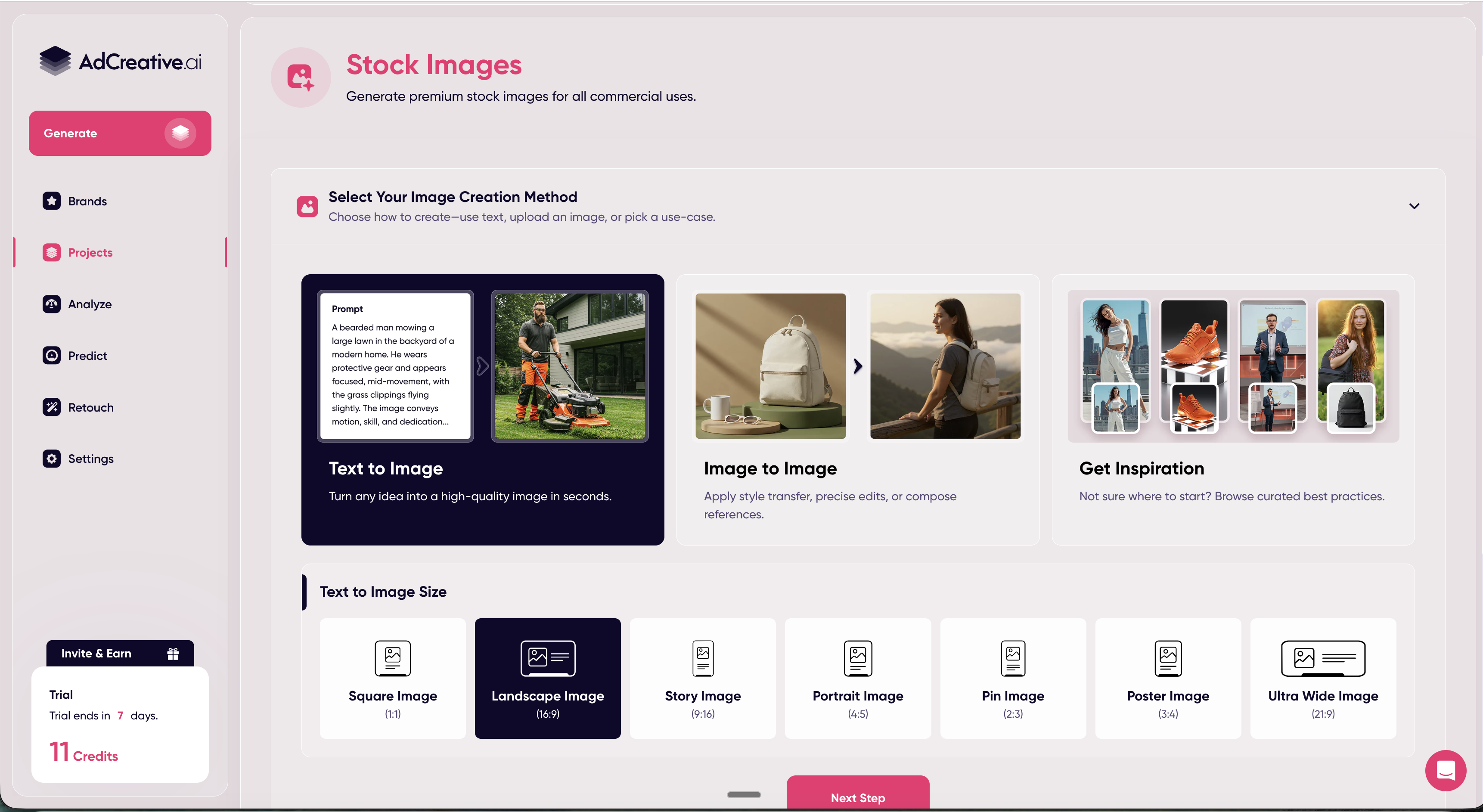 AdCreative.ai stock image generator with text-to-image, image-to-image, and seven size presets