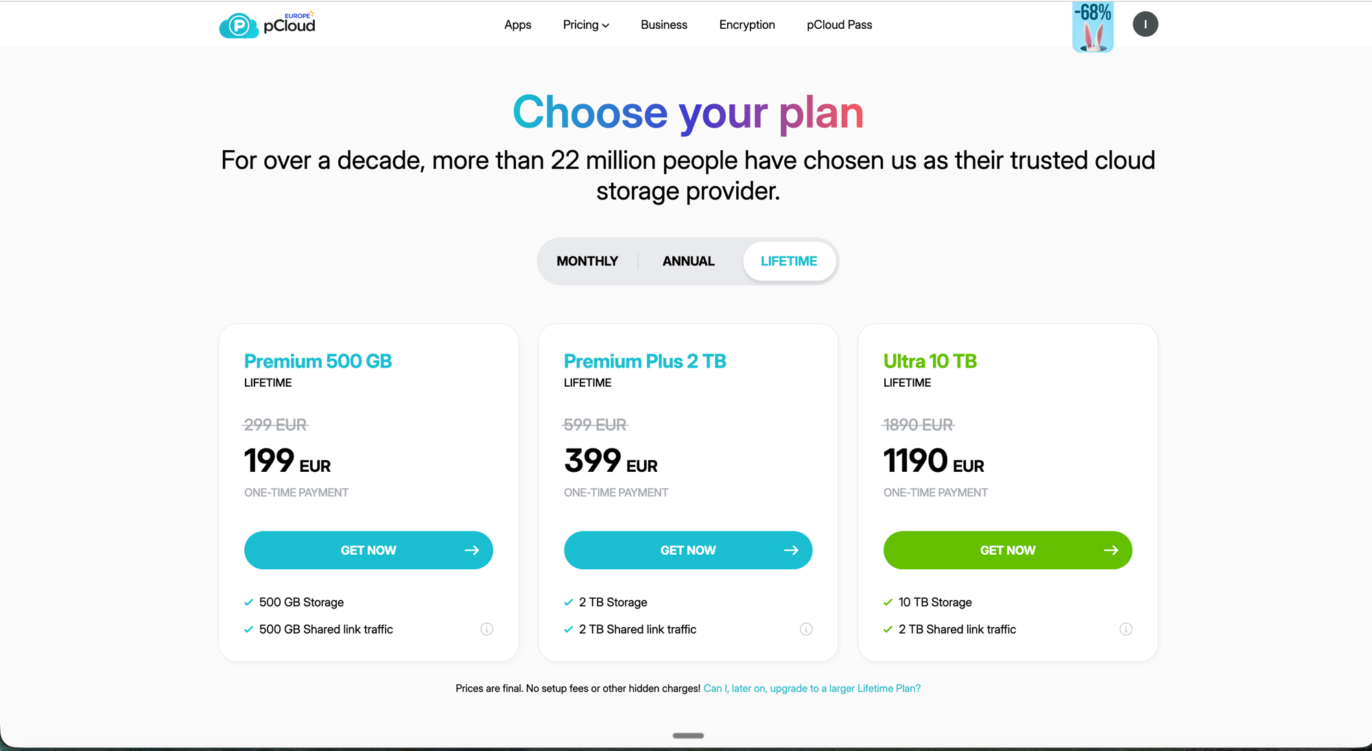 pCloud pricing page showing lifetime plans: Premium 500 GB at 199 EUR, Premium Plus 2 TB at 399 EUR, and Ultra 10 TB at 1190 EUR