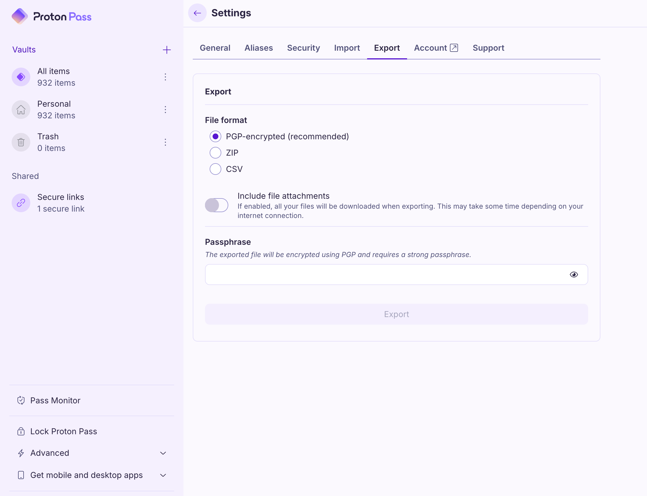 Proton Pass Export screen: PGP-encrypted by default, ZIP or CSV as alternatives, passphrase required