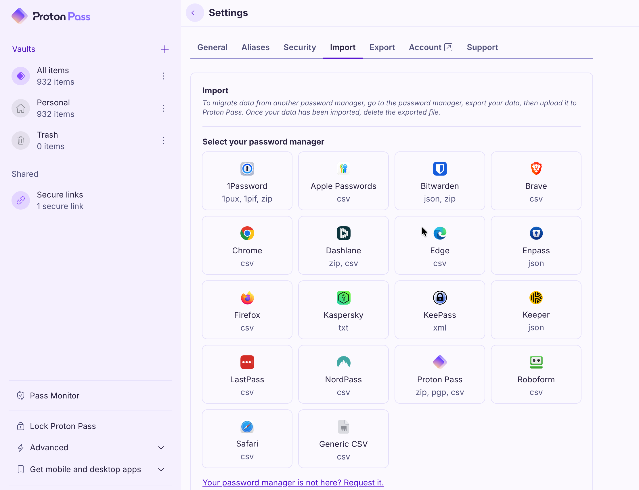 Proton Pass Import screen: grid of 18 supported password managers