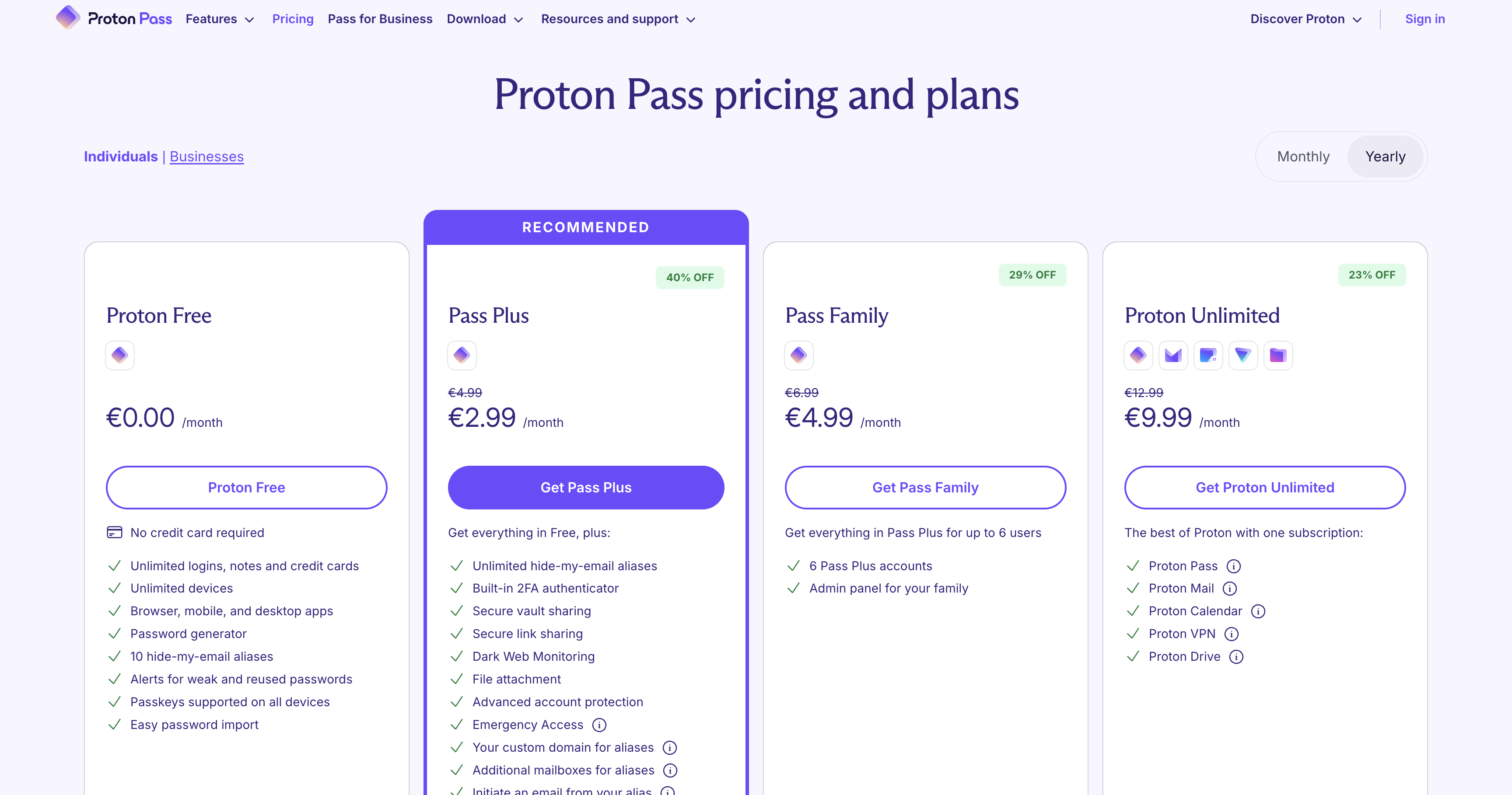 Proton Pass pricing: Free β¬0, Pass Plus β¬2.99/mo, Pass Family β¬4.99/mo, Proton Unlimited β¬9.99/mo