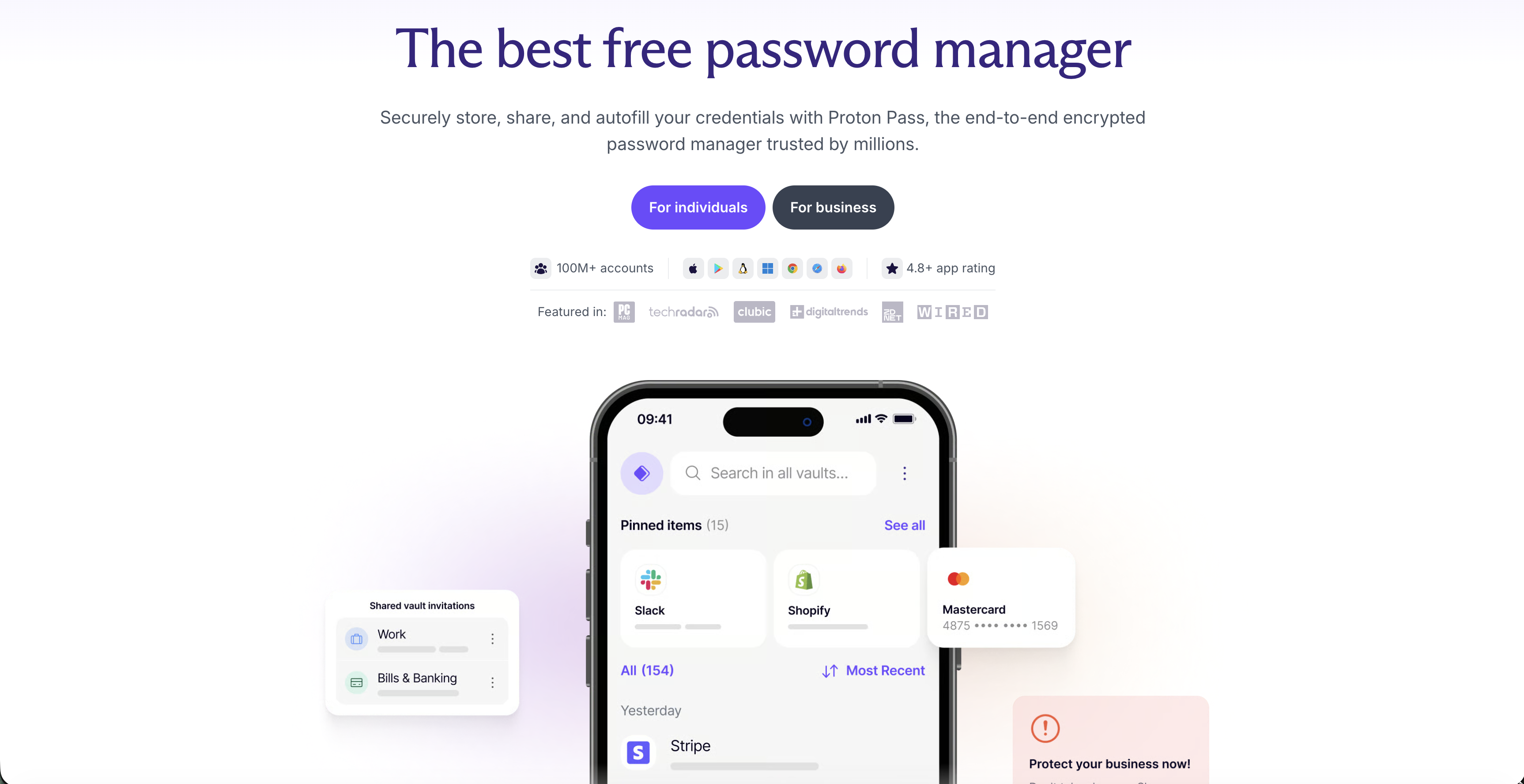 Proton Pass homepage: "The best free password manager", 100M+ accounts, 4.8 app store rating