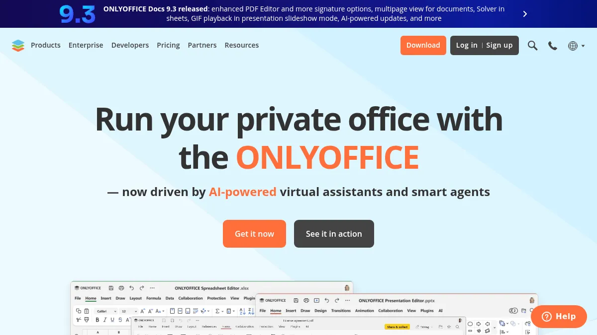 OnlyOffice homepage showing the document, spreadsheet, and presentation suite