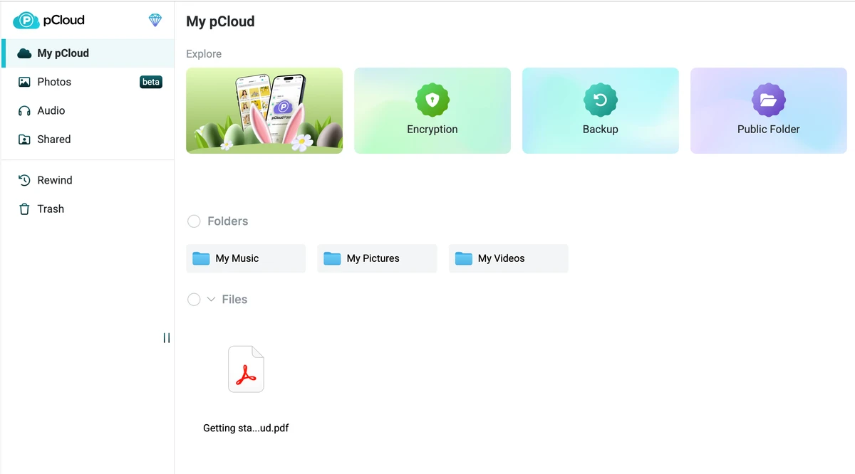 pCloud web app with Photos, Audio, Shared, Rewind and Trash navigation, plus separate Encryption and Backup tiles