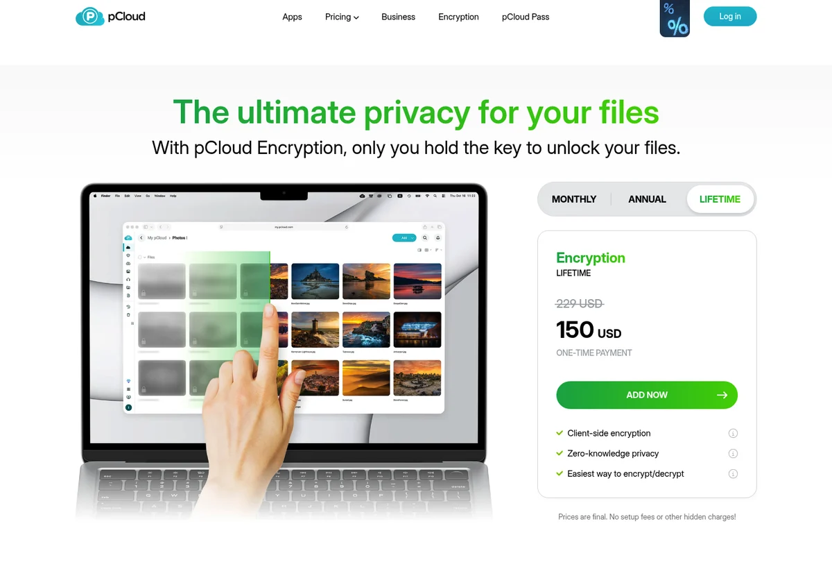 Official pCloud Encryption page showing the optional Crypto add-on and its lifetime price