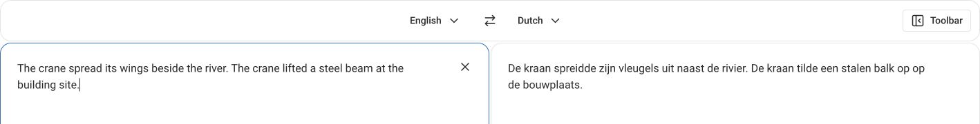 DeepL showing the paired crane input and Dutch output with kraan in both sentences