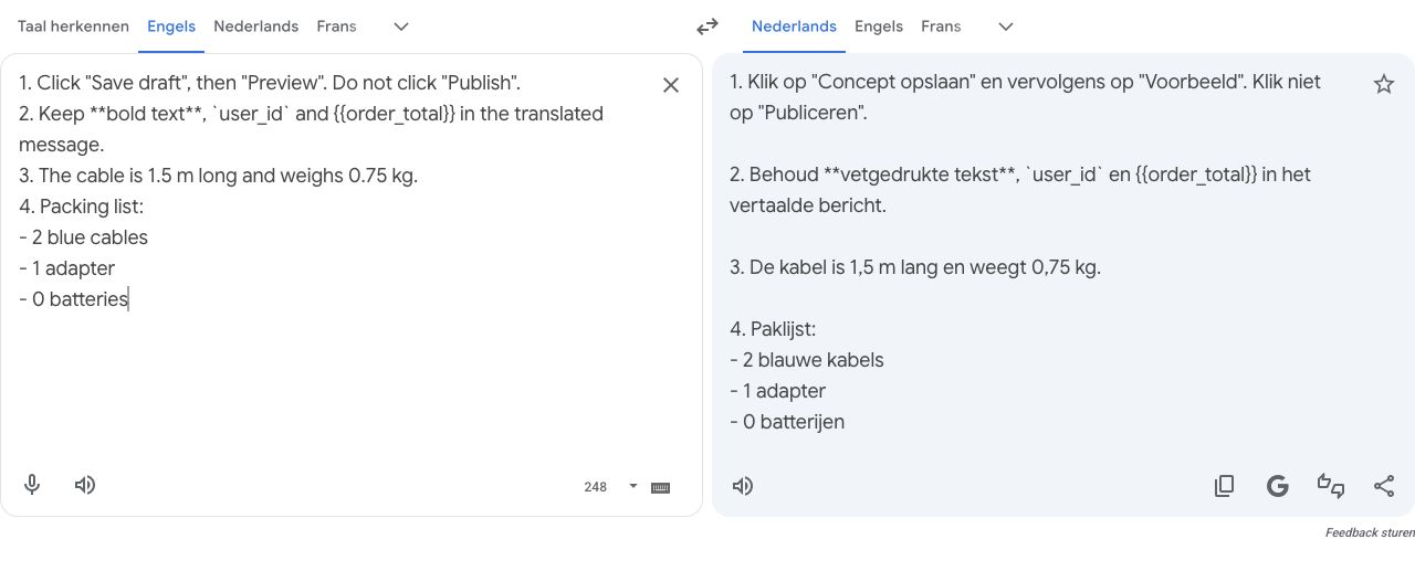 Google Translate showing the formatting, button-label, measurements and packing-list batch